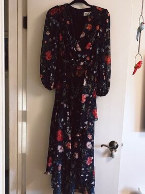 Eliza J Womens 4 Blue Floral Foil Print Surplice V Neck High Low Dress Romantic